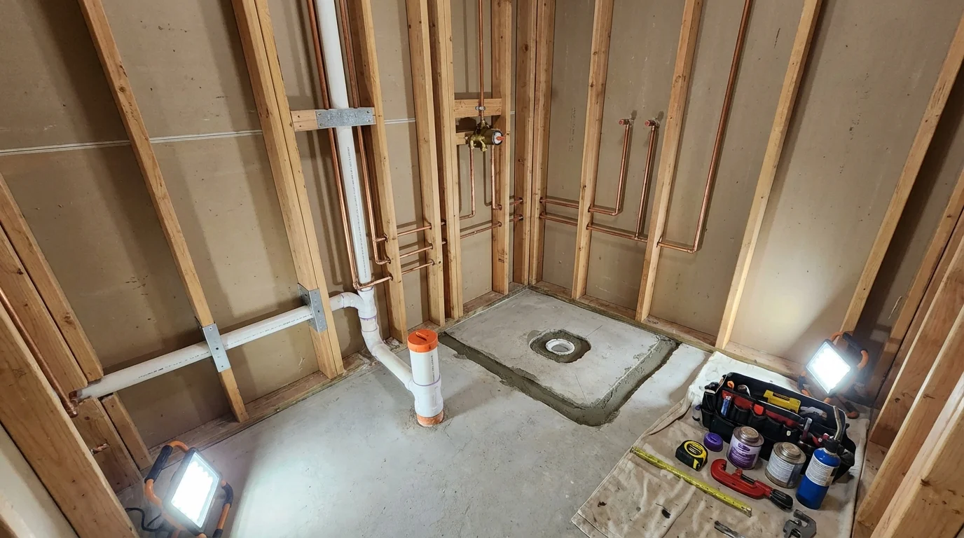 Bathroom rough-in plumbing during remodel by Johns Plumbing LLC in Boron