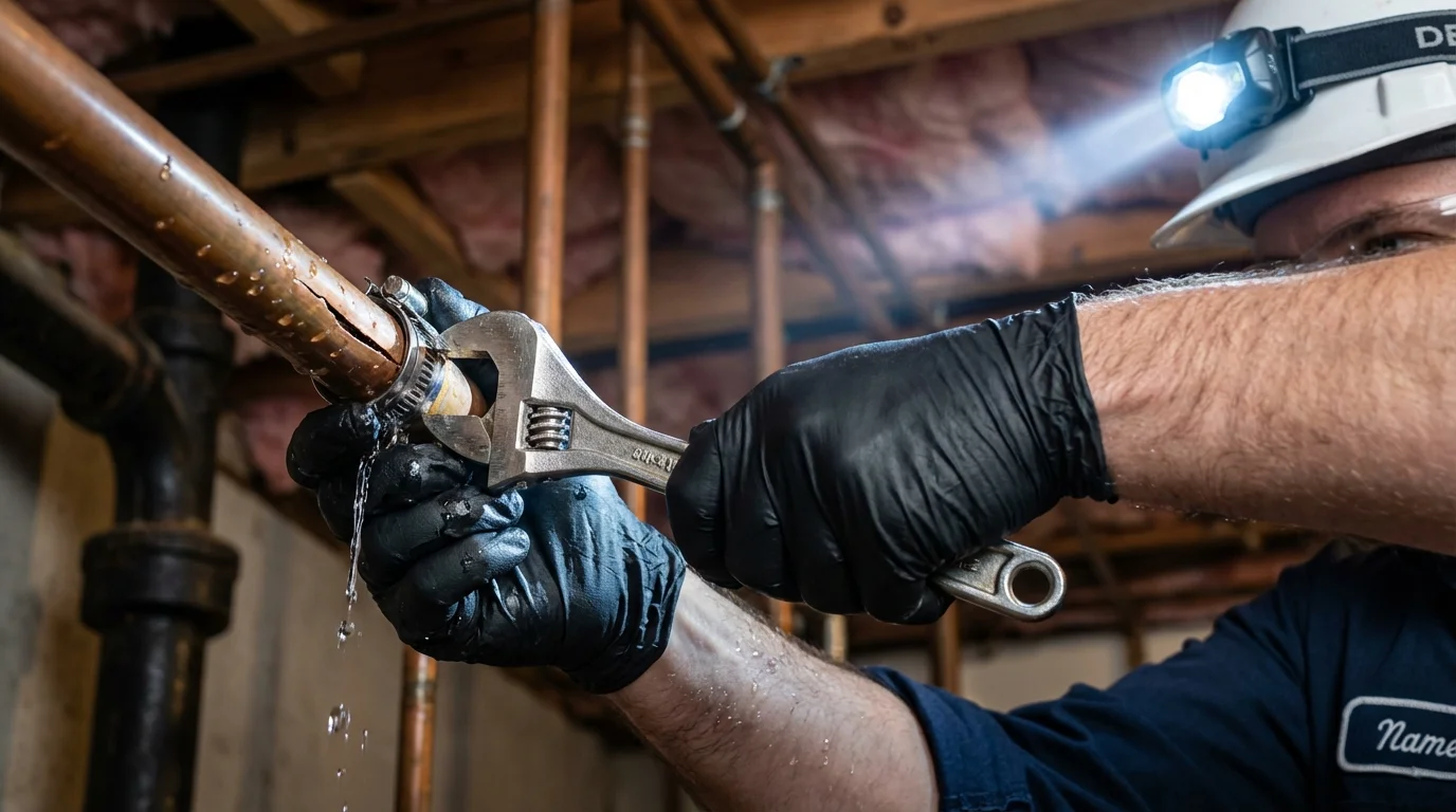 Emergency pipe clamp repair being performed by a Johns Plumbing LLC plumber in Boron