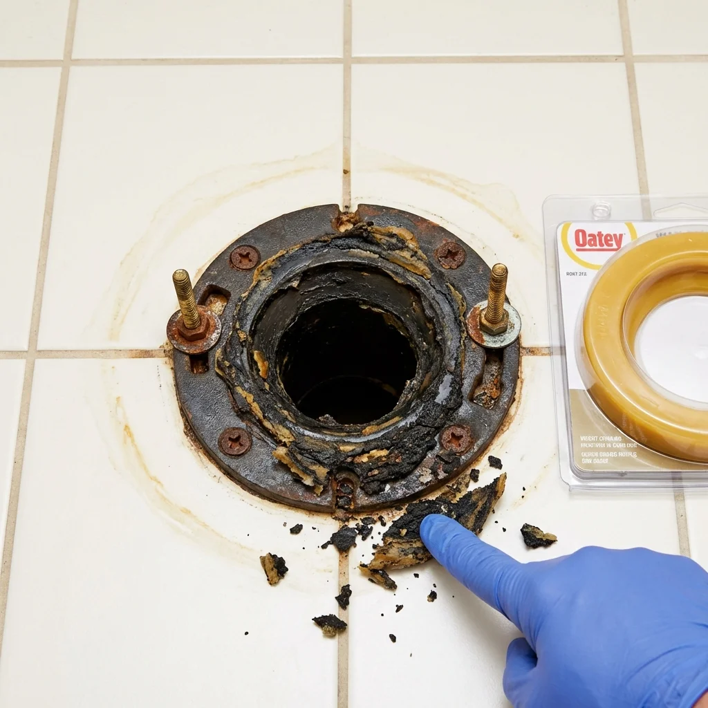 Failed wax ring showing water seepage at the base of a toilet in a Boron, CA home
