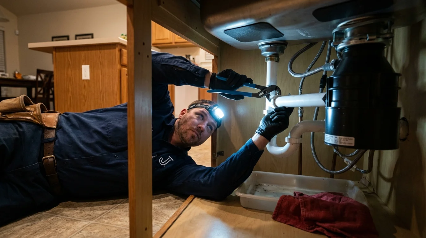 P-trap and supply line connections under a kitchen sink showing a common leak point in Boron, CA